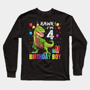 Kids Year Old 4th Birthday Boy T Rex Dinosaur Long Sleeve T-Shirt